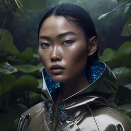 a woman with blue earing and an all metallic outfit in the forest,a beautiful woman wearing a hood and silver top