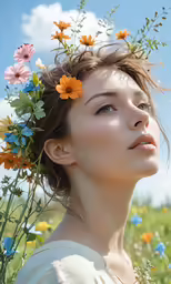 a girl stands on a field with flowers in her hair