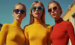 three woman are dressed in bright yellow outfits