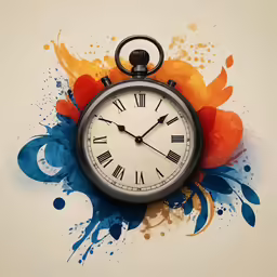 an antique clock on a multicolored background, painted with blue and red ink