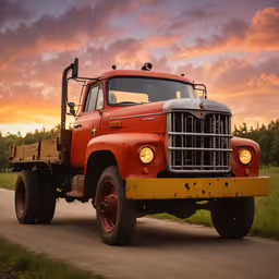 an old orange tow truck driving down a rural road,an old orange and yellow truck is driving down the road