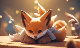 a very cute small toy fox laying on top of a table