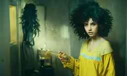 a girl with black hair is holding something in one hand