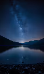 the stars are shining over a lake in the night