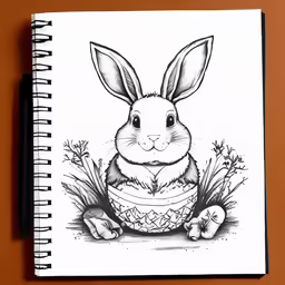 a sketch of a rabbit sitting in an egg basket