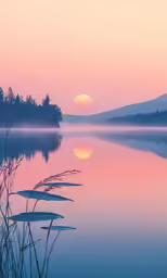 a lake during the sunset with a pink and blue sky