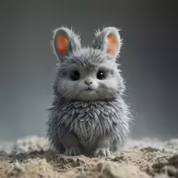 a small gray animal with an orange eye looks at the camera