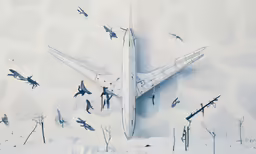 the underside of an airplane flying over snow covered ground