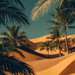 palm trees and a house are in the desert
