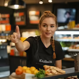 a woman holding her thumbs up with a pizza