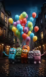 some cartoon characters are standing by each other and balloons