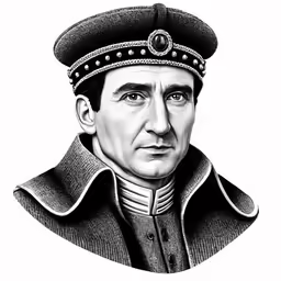 a black and white image of a man wearing a hat
