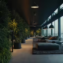the lobby with an array of potted trees and floor to ceiling windows
