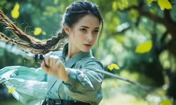 a woman with a long black braid holding a sword