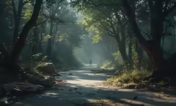 an empty path leading through a wooded area