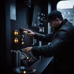 a man touching the control panel of a music machine