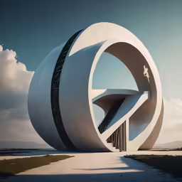 a large white building that has multiple long curved lines going through the center