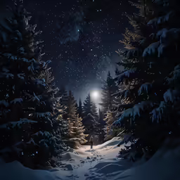 a lone person on snow covered road in the middle of forest