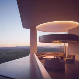 a lounge area overlooking a mountain valley during sunset