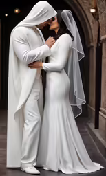 a man in a white tux is standing next to a woman