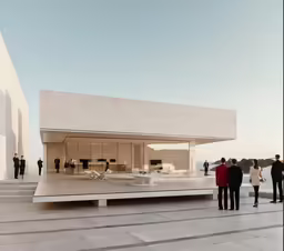 the people stand on the steps next to a building