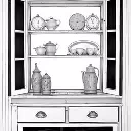 this black and white photo depicts a dresser with pots, dishes and pitchers