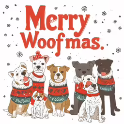 the three dogs are wearing sweaters, which reads merry woofmas