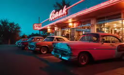 the front of a restaurant with an assortment of cars parked outside