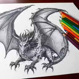 the drawing shows a dragon with sharp horns and wings