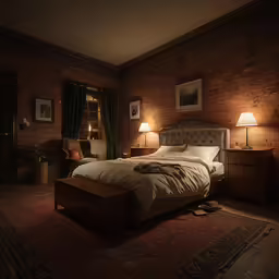 an extremely dimly lit bedroom with exposed brick walls