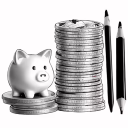 a stack of coins sitting next to a piggy bank