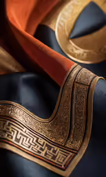 an embroidered scarf with gold - and - blue details