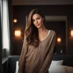 a woman is standing by a bed wearing a sweater