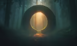 there is a very tall tire arch in the woods