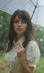 a woman in white shirt holding an umbrella