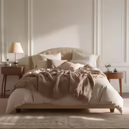 a neatly made bed sitting next to a wooden desk