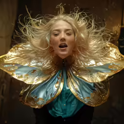 a blonde woman with flowing hair has a surprised look