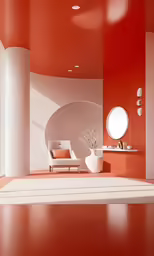an empty red room with furniture, a mirror and round orbs