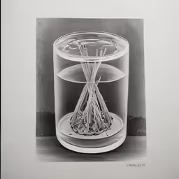 a clear jar holding two needles and thread