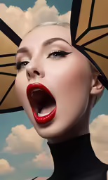 a young lady has open her mouth with umbrellas around her head