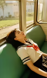the young woman is lying on the seat of a bus