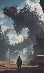 a man walking towards a huge creature sculpture