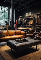 an image of a large room with a couch and chair,there is an open clothing boutique with many different objects
