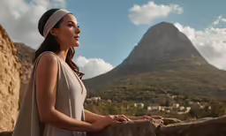 a woman with a head band is posing for the camera