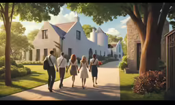 a rendering of the first family walking in to their home
