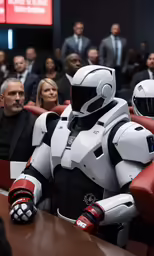 a robotic is sitting at a conference table, in front of a seated audience