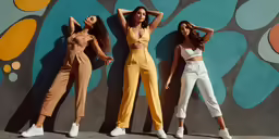 three girls in yellow and white are standing next to a wall