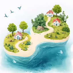 an image of an island with houses on it