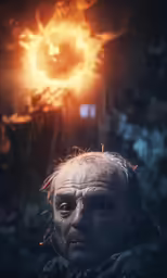 a man stares at the viewer from the fireball
