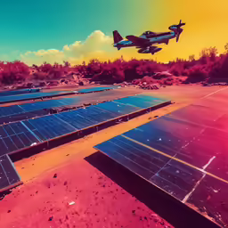 an airplane is over a bunch of solar panels